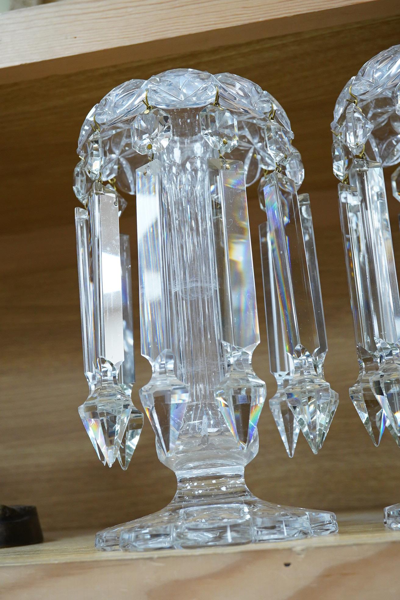 A pair of Victorian glass table lustres with drops, 26cm high